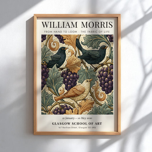 William Morris poster featuring birds and grapevines in warm colors
