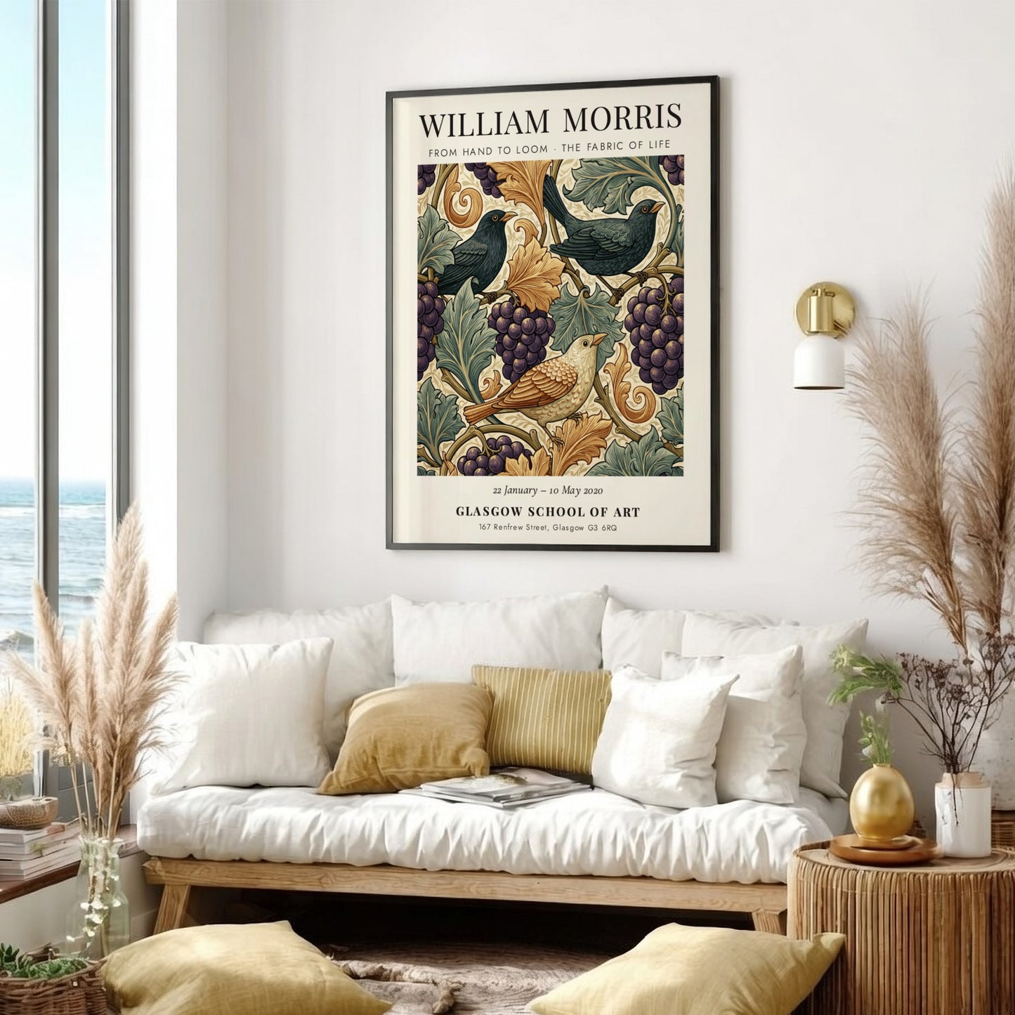 William Morris poster featuring birds and grapevines in warm colors