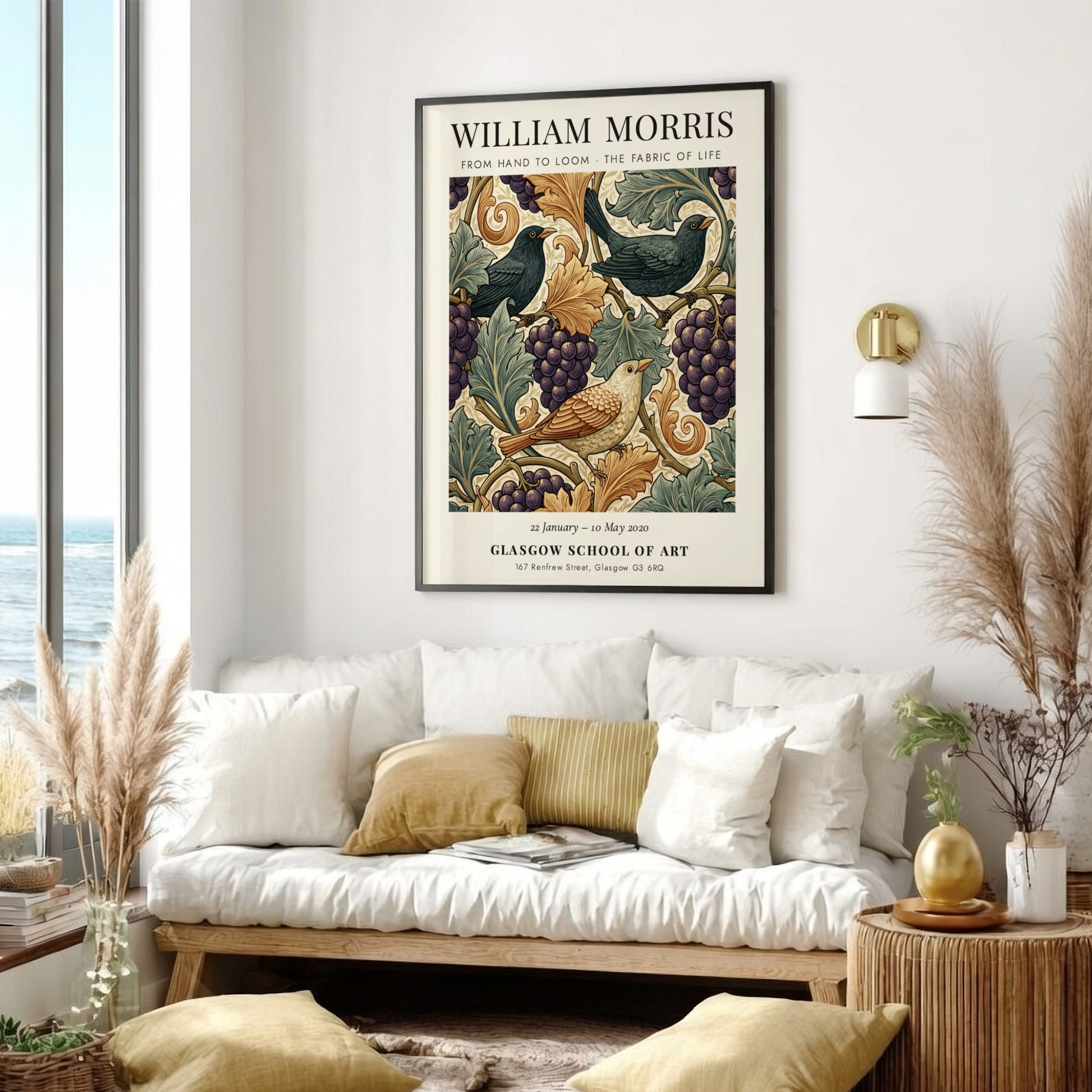William Morris poster featuring birds and grapevines in warm colors