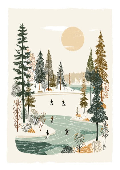 Poster of a winter scene with people ice skating on a frozen lake surrounded by trees, in a warm, muted color