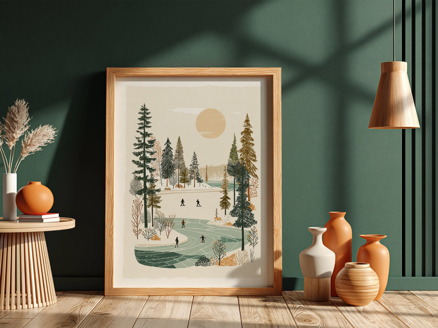 Poster of a winter scene with people ice skating on a frozen lake surrounded by trees, in a warm, muted color