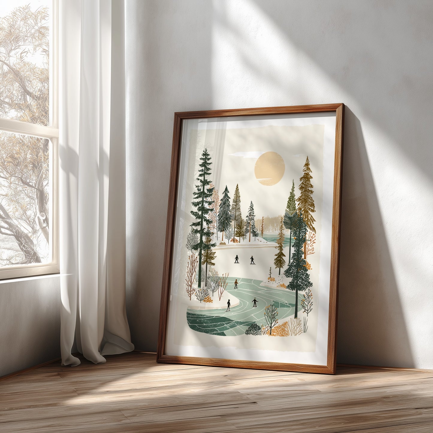 Poster of a winter scene with people ice skating on a frozen lake surrounded by trees, in a warm, muted color