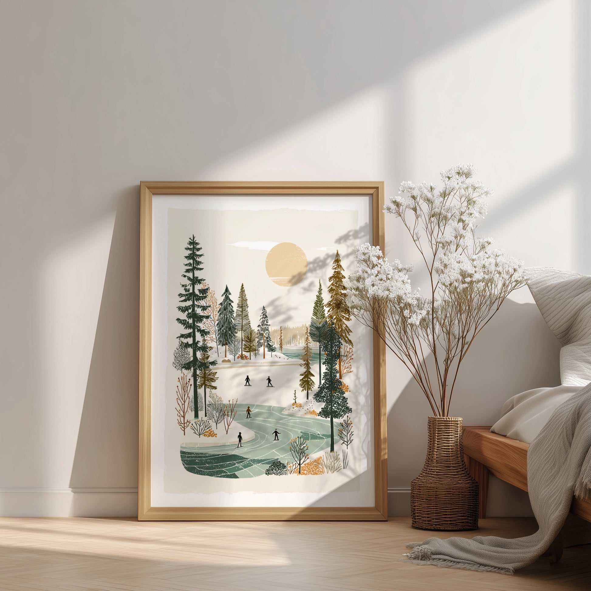 Poster of a winter scene with people ice skating on a frozen lake surrounded by trees, in a warm, muted color