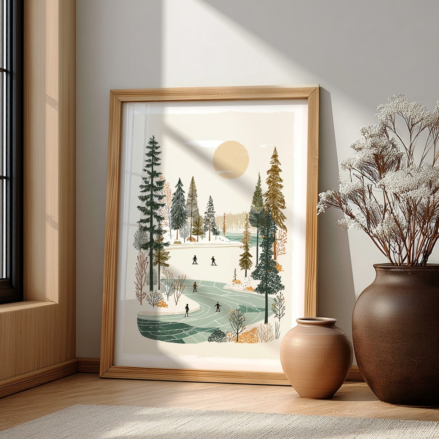 Poster of a winter scene with people ice skating on a frozen lake surrounded by trees, in a warm, muted color