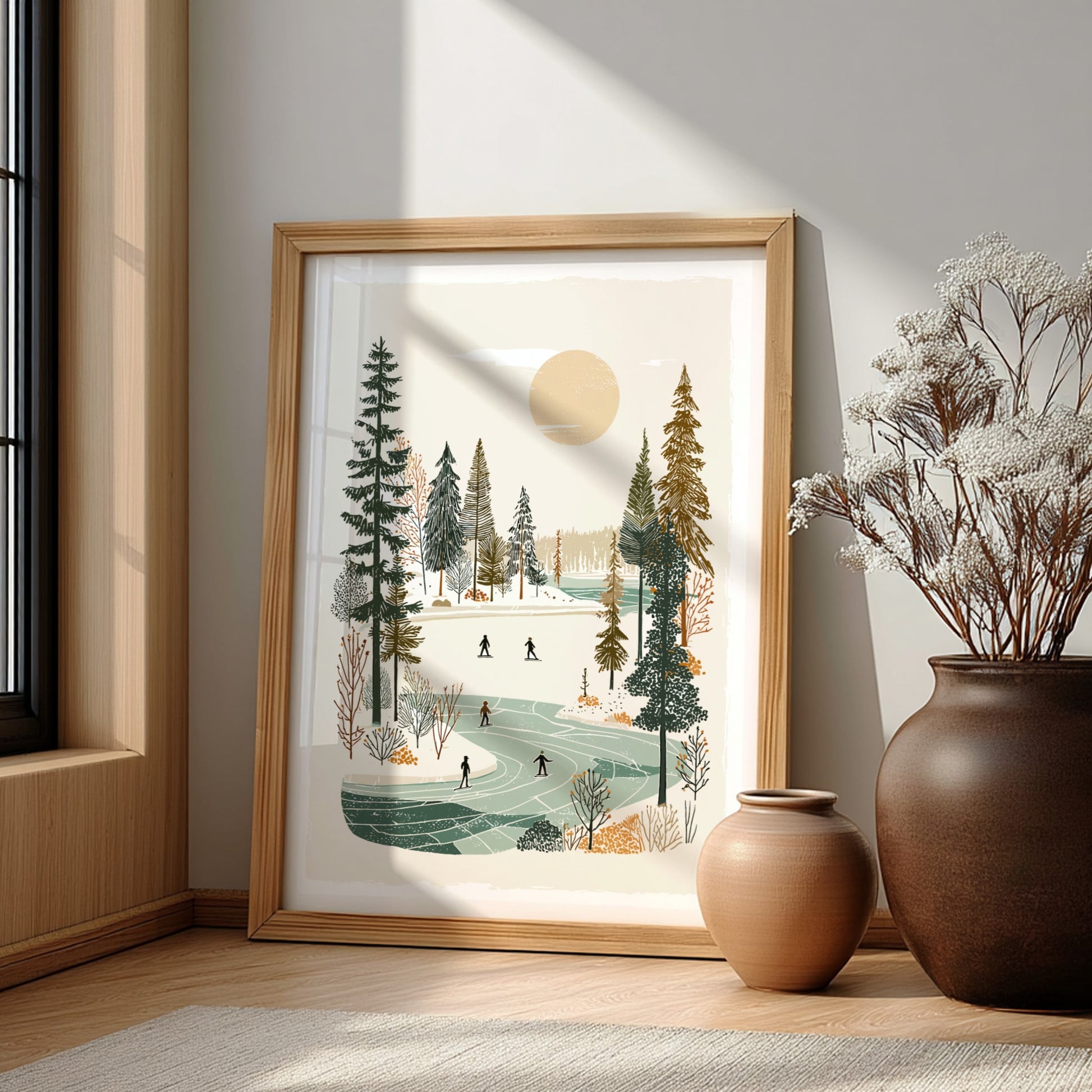 Poster of a winter scene with people ice skating on a frozen lake surrounded by trees, in a warm, muted color