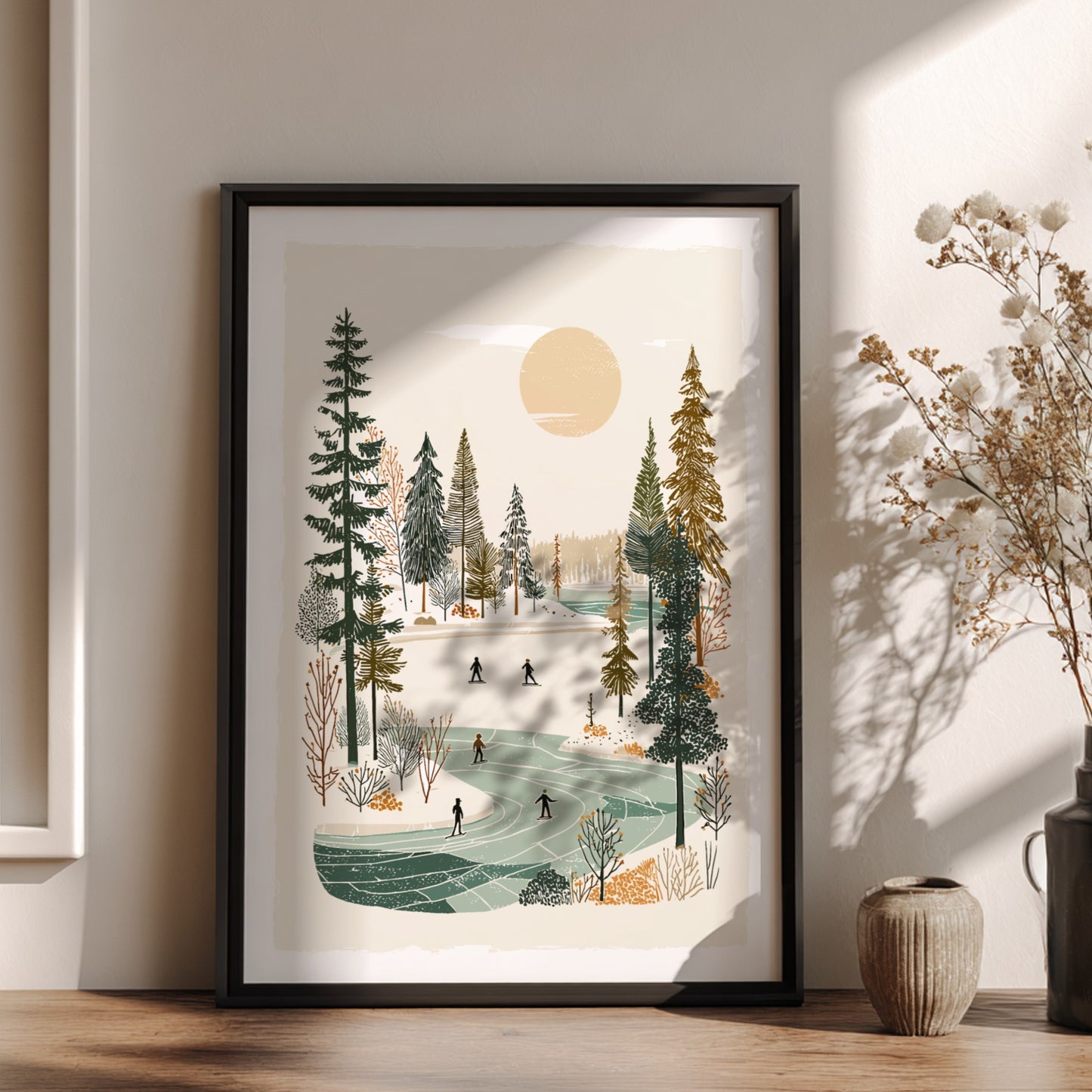 Poster of a winter scene with people ice skating on a frozen lake surrounded by trees, in a warm, muted color