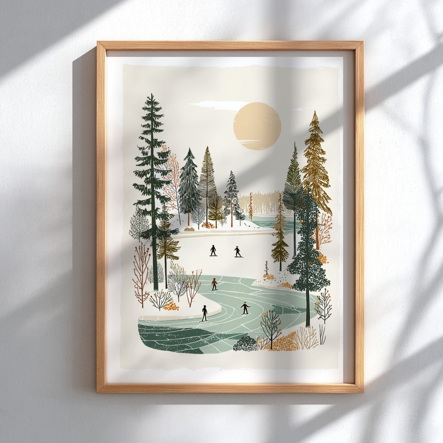 Poster of a winter scene with people ice skating on a frozen lake surrounded by trees, in a warm, muted color