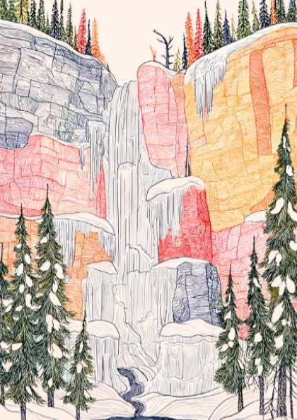Frozen Waterfall poster featuring a partially iced waterfall, snow-covered cliffs, and evergreen trees in a