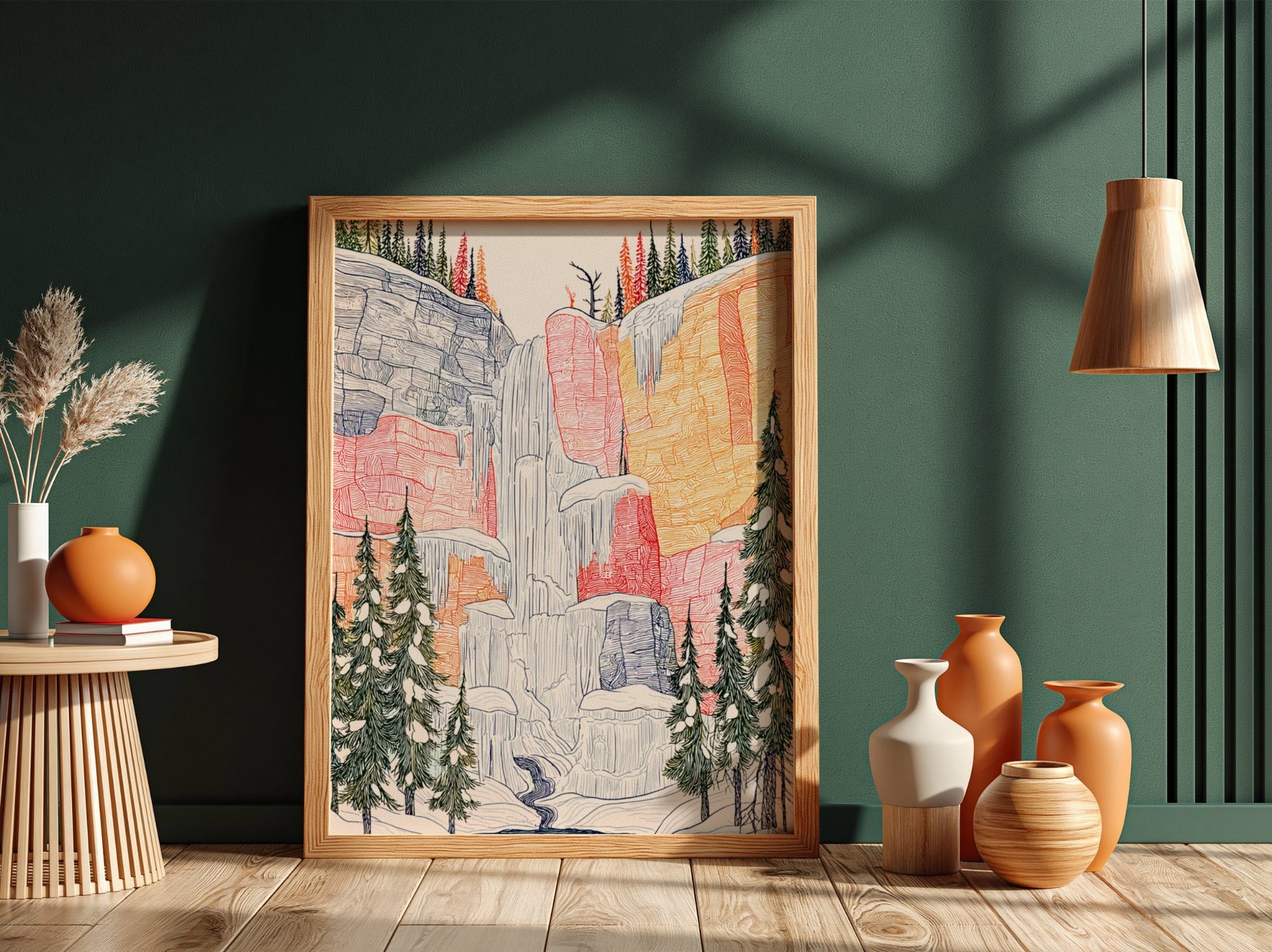 Frozen Waterfall poster featuring a partially iced waterfall, snow-covered cliffs, and evergreen trees in a