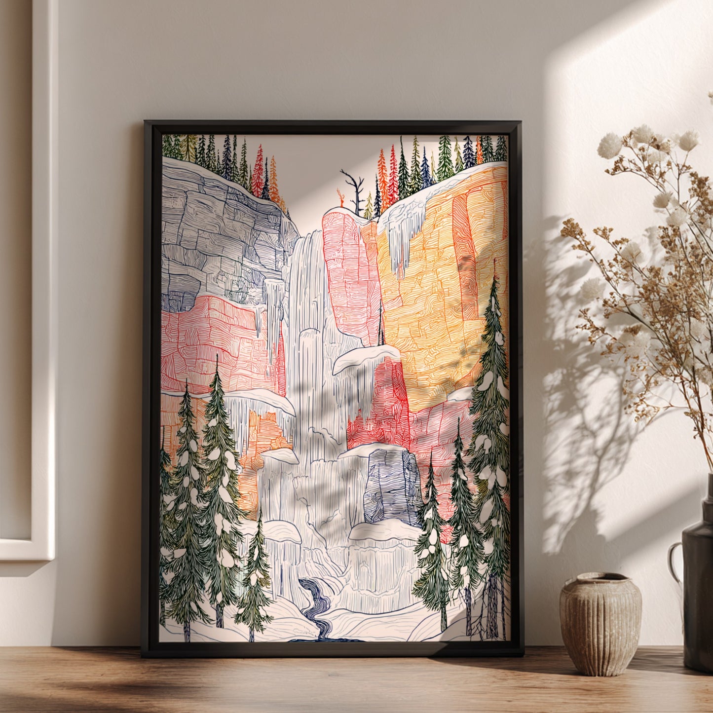Frozen Waterfall poster featuring a partially iced waterfall, snow-covered cliffs, and evergreen trees in a