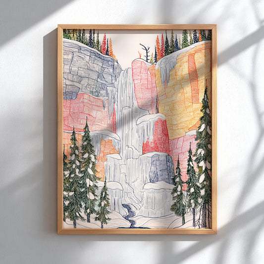 Frozen Waterfall poster featuring a partially iced waterfall, snow-covered cliffs, and evergreen trees in a