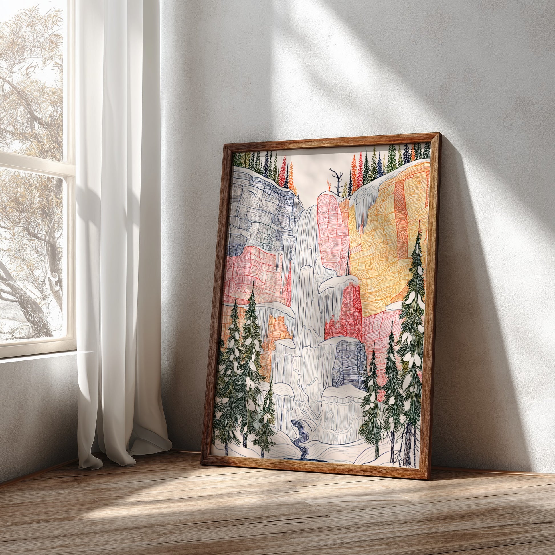 Frozen Waterfall poster featuring a partially iced waterfall, snow-covered cliffs, and evergreen trees in a