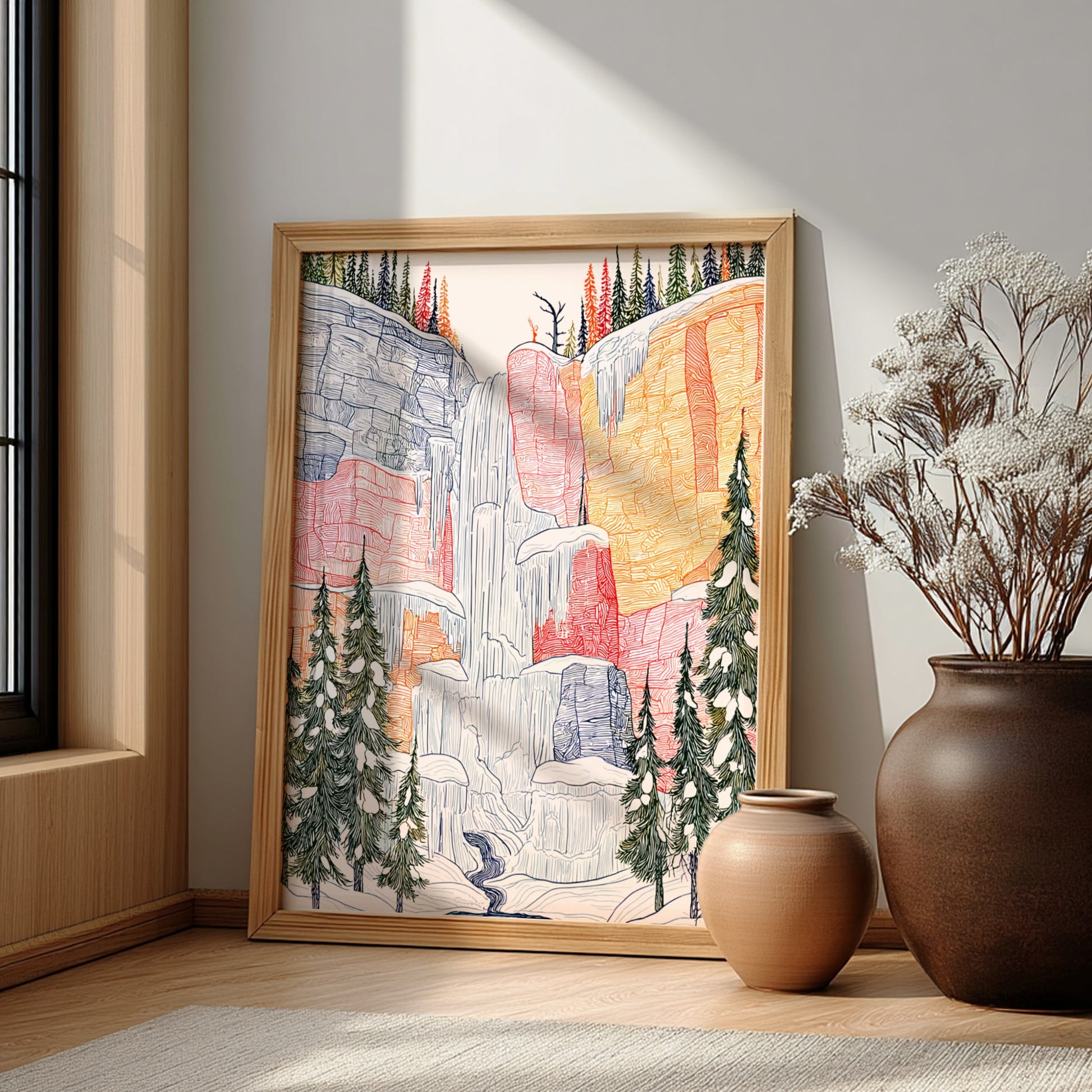 Frozen Waterfall poster featuring a partially iced waterfall, snow-covered cliffs, and evergreen trees in a