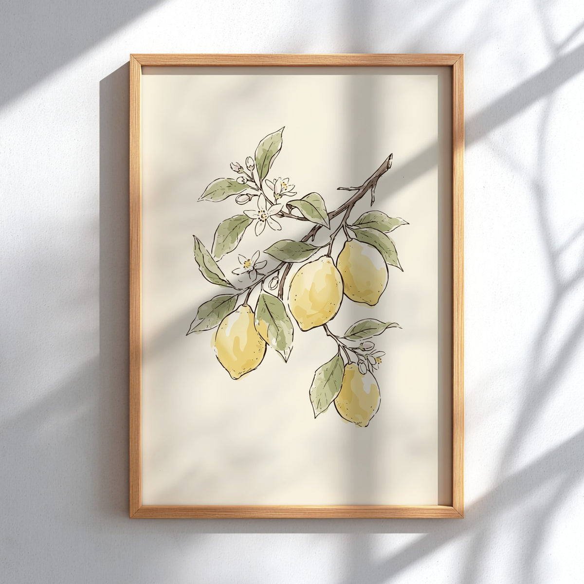 Lemon branch botanical poster featuring yellow fruit, green leaves and white blossoms on cream