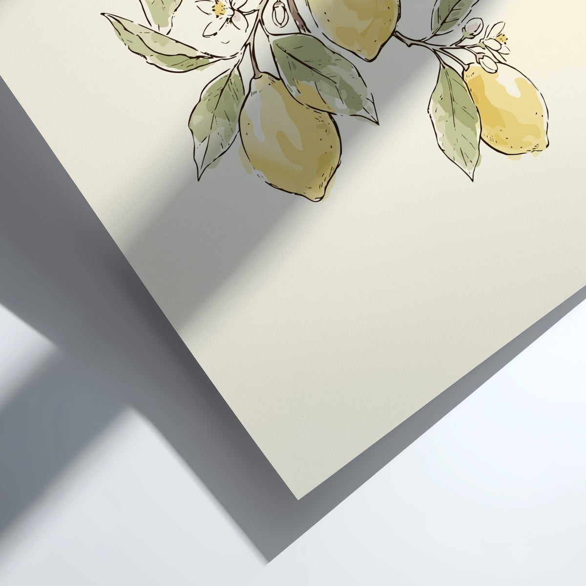 Lemon branch botanical poster featuring yellow fruit, green leaves and white blossoms on cream