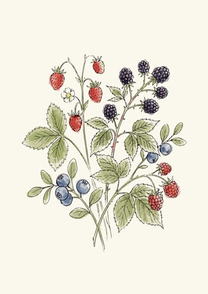 Poster featuring hand-painted wild strawberries, blackberries, and blueberries on a soft cream background.