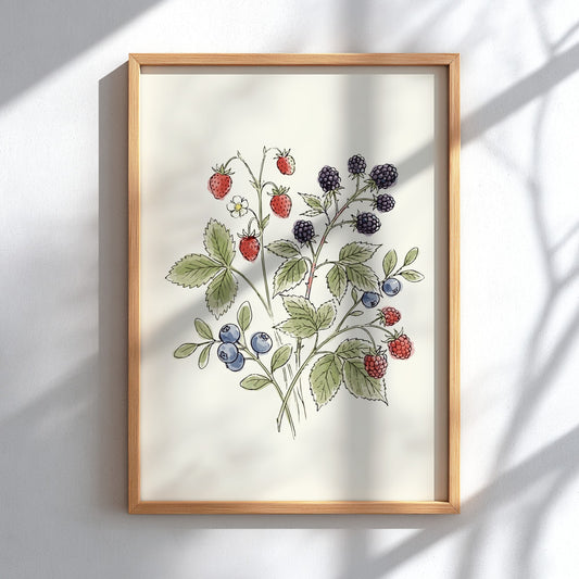 Poster featuring hand-painted wild strawberries, blackberries, and blueberries on a soft cream background.
