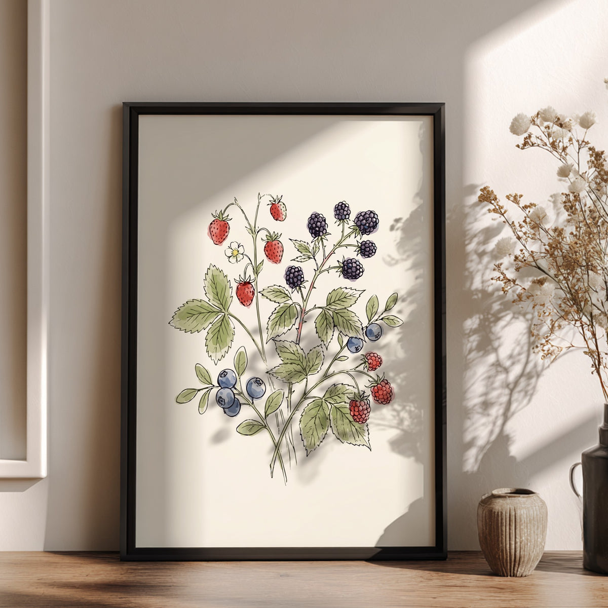 Poster featuring hand-painted wild strawberries, blackberries, and blueberries on a soft cream background.
