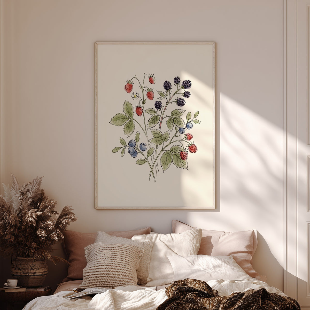 Poster featuring hand-painted wild strawberries, blackberries, and blueberries on a soft cream background.