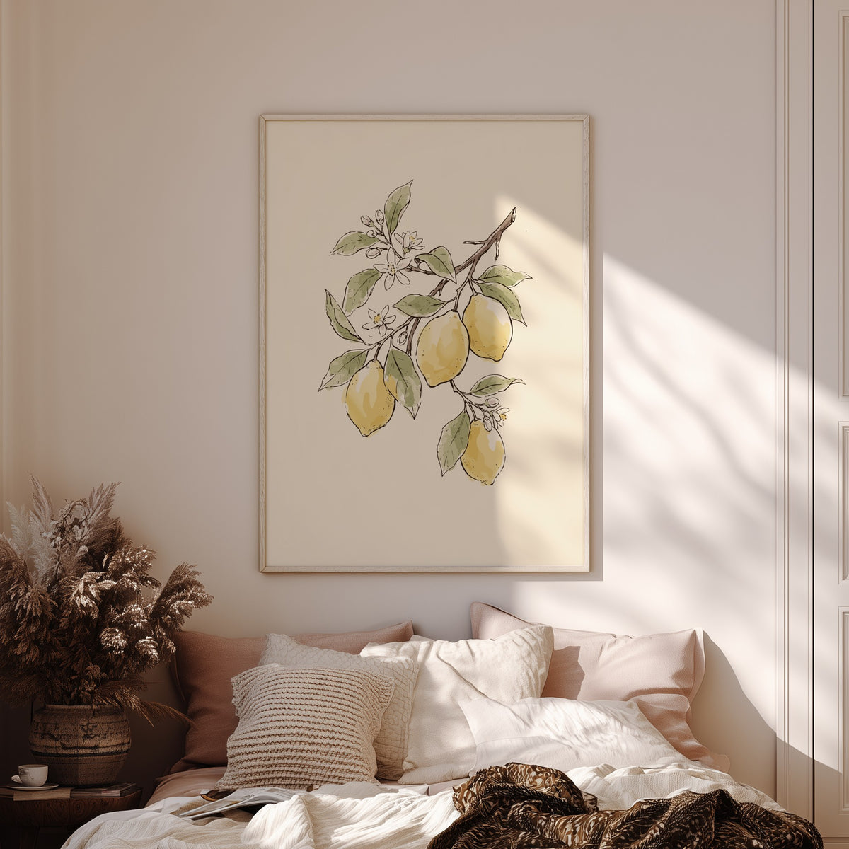 Lemon branch botanical poster featuring yellow fruit, green leaves and white blossoms on cream