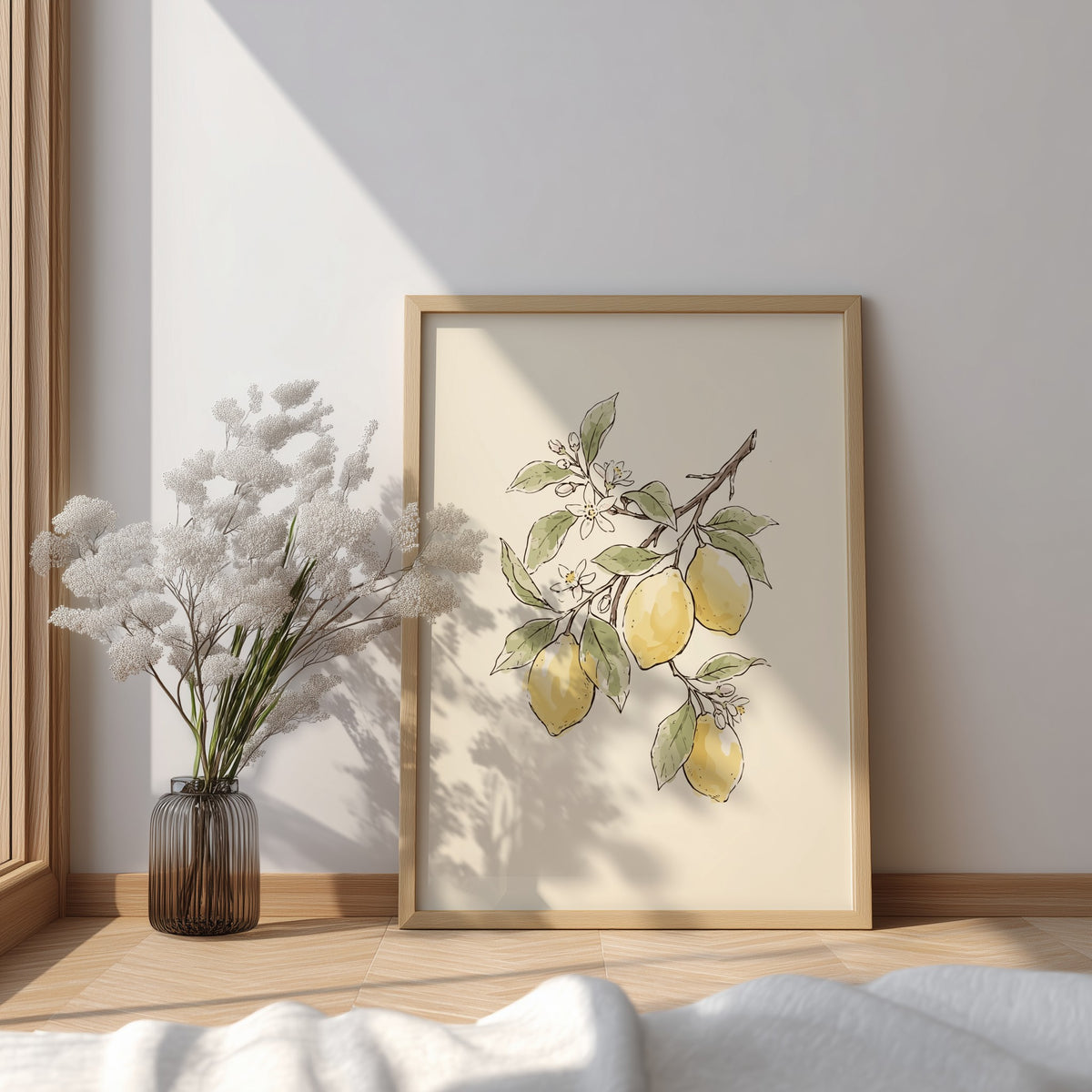 Lemon branch botanical poster featuring yellow fruit, green leaves and white blossoms on cream