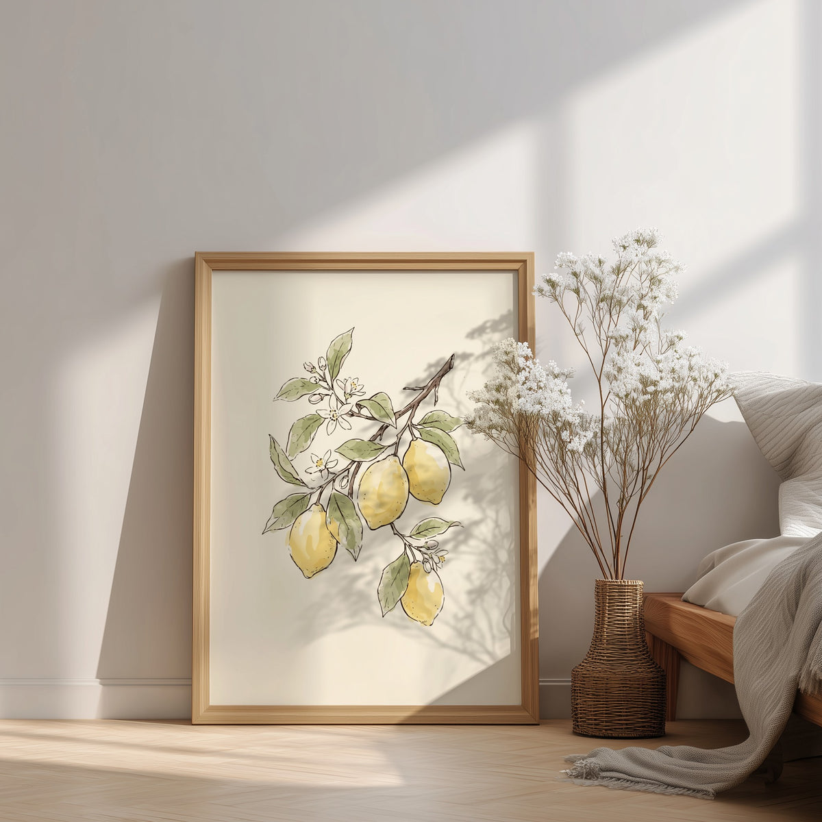 Lemon branch botanical poster featuring yellow fruit, green leaves and white blossoms on cream