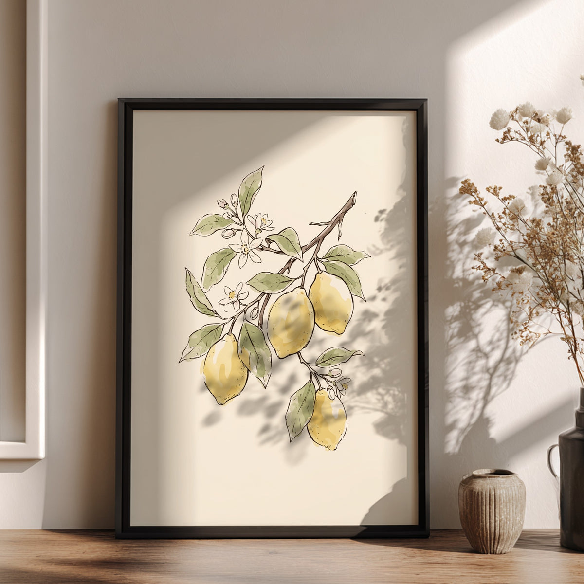 Lemon branch botanical poster featuring yellow fruit, green leaves and white blossoms on cream