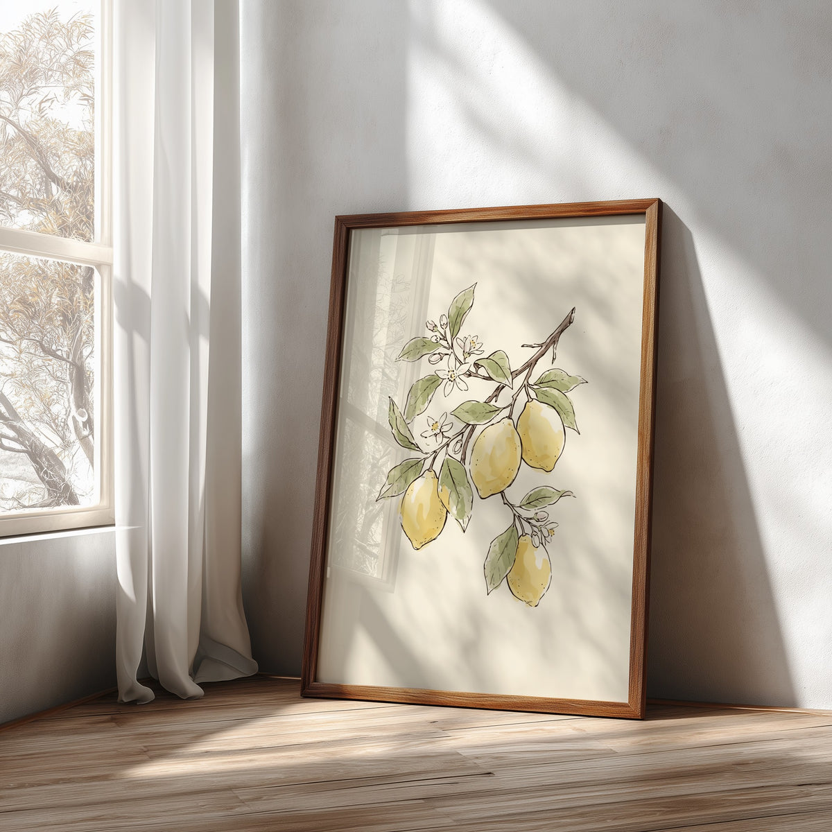 Lemon branch botanical poster featuring yellow fruit, green leaves and white blossoms on cream