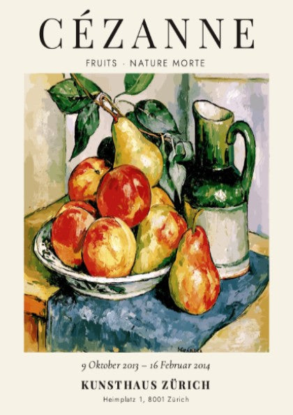 Cézanne exhibition poster featuring vibrant fruits and a pitcher in still life style