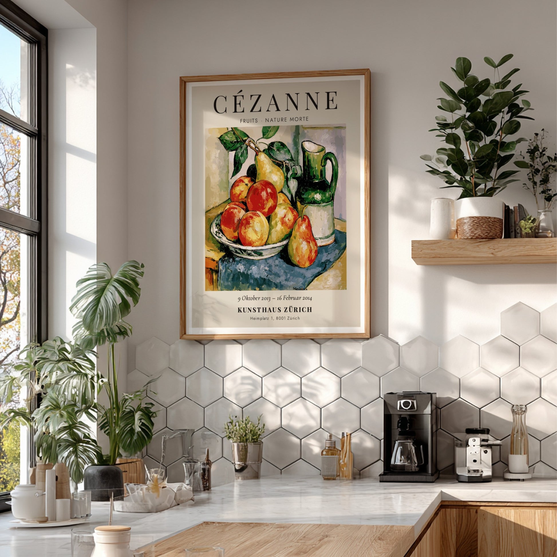 Cézanne exhibition poster featuring vibrant fruits and a pitcher in still life style