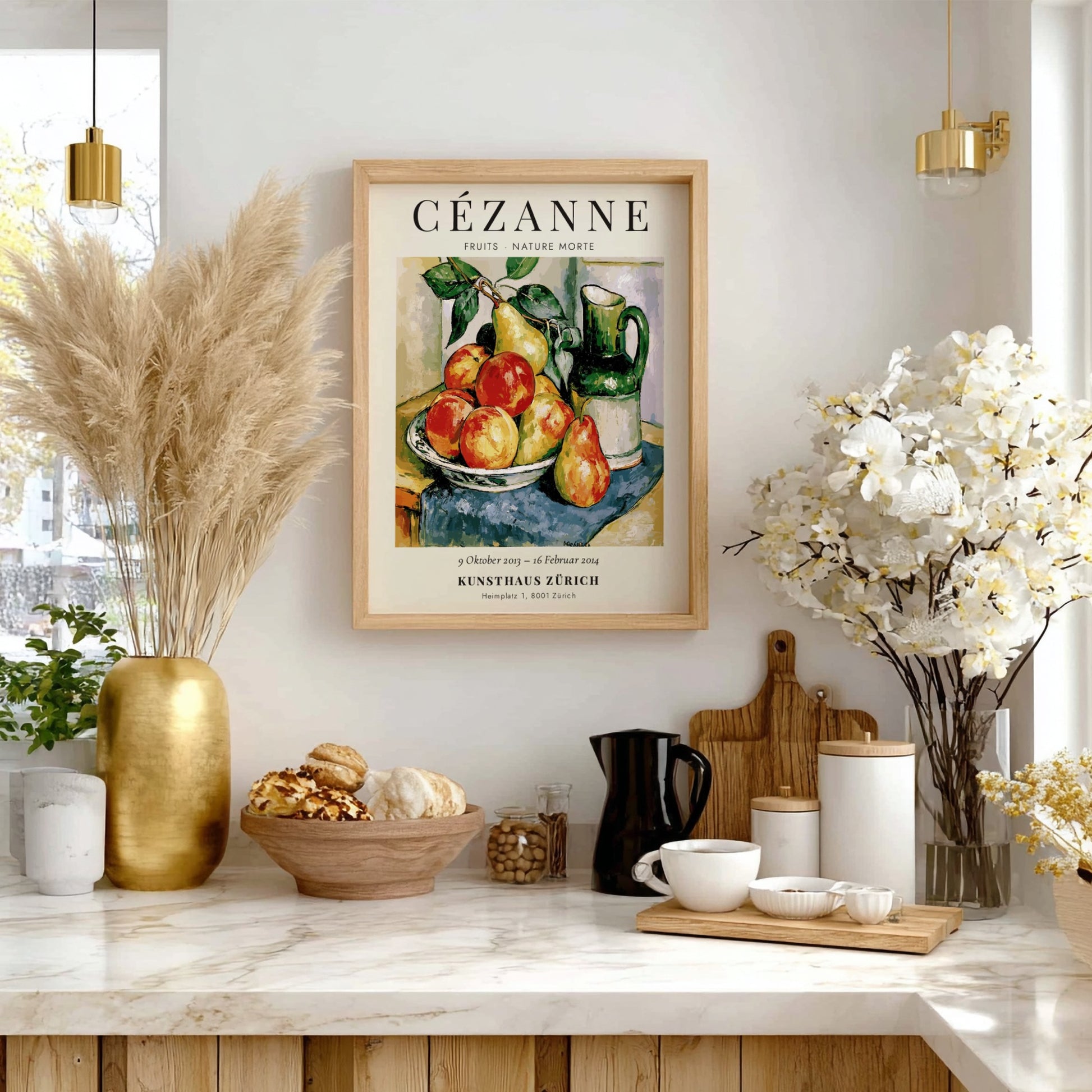 Cézanne exhibition poster featuring vibrant fruits and a pitcher in still life style
