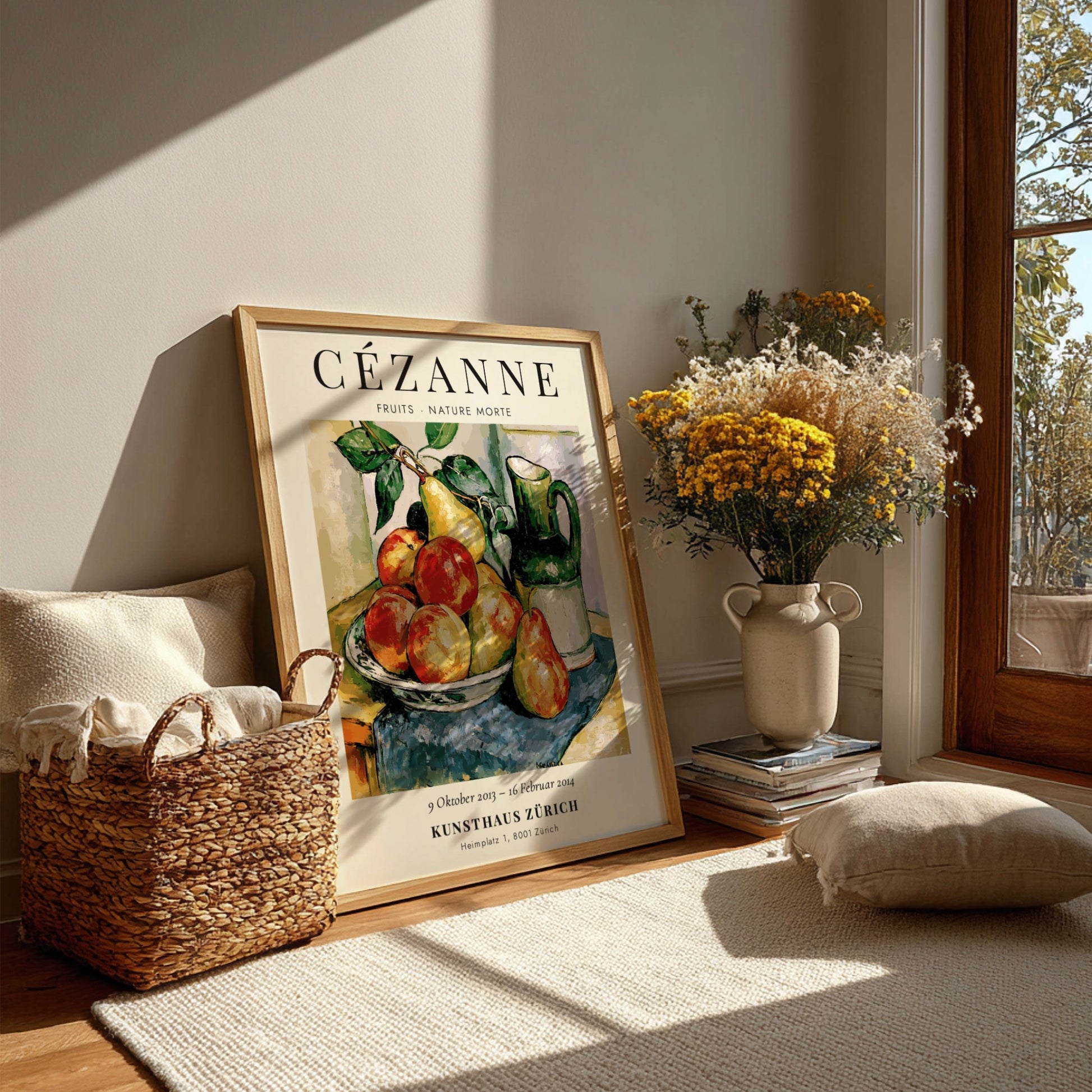 Cézanne exhibition poster featuring vibrant fruits and a pitcher in still life style