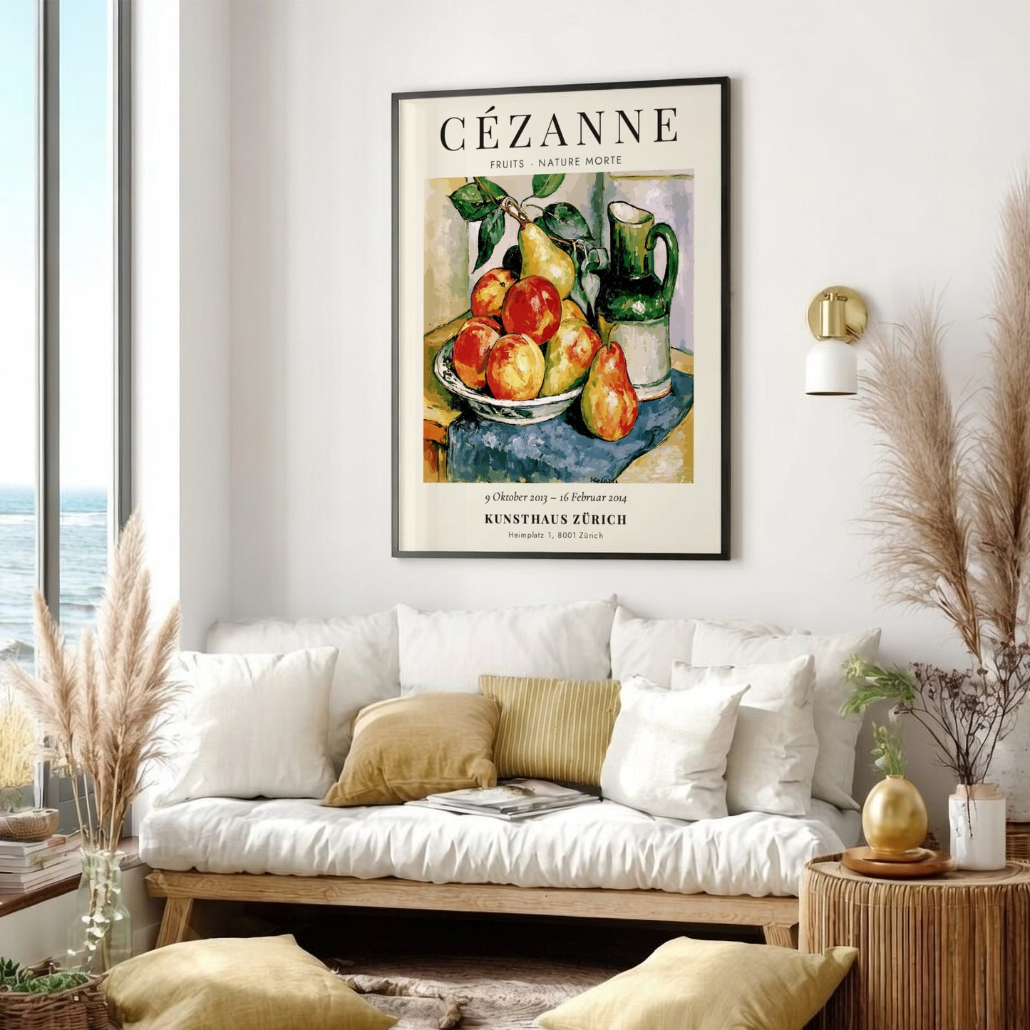Cézanne exhibition poster featuring vibrant fruits and a pitcher in still life style