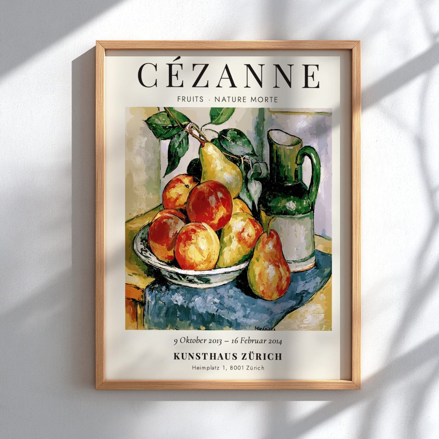 Cézanne exhibition poster featuring vibrant fruits and a pitcher in still life style