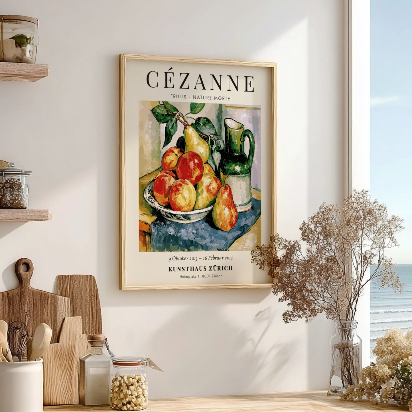 Cézanne exhibition poster featuring vibrant fruits and a pitcher in still life style