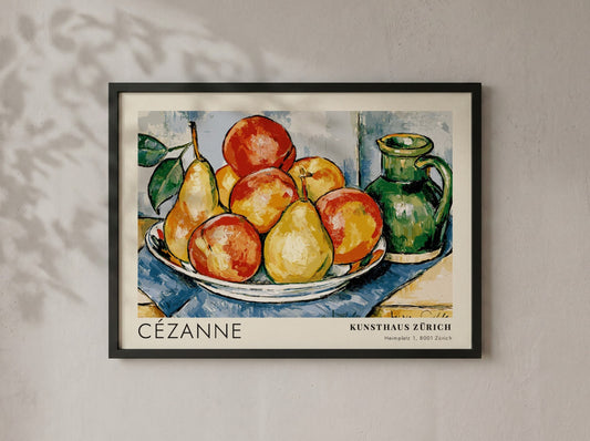 Wall art poster featuring Cézanne still life fruit arrangement with green pitcher and text.