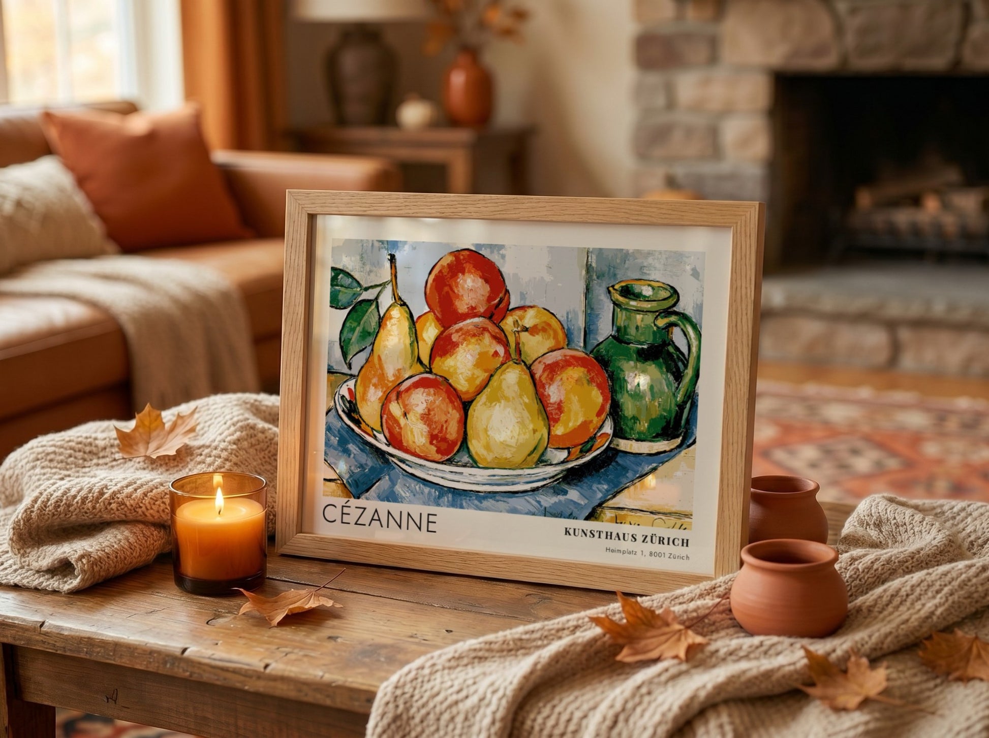 Wall art poster featuring Cézanne still life fruit arrangement with green pitcher and text.