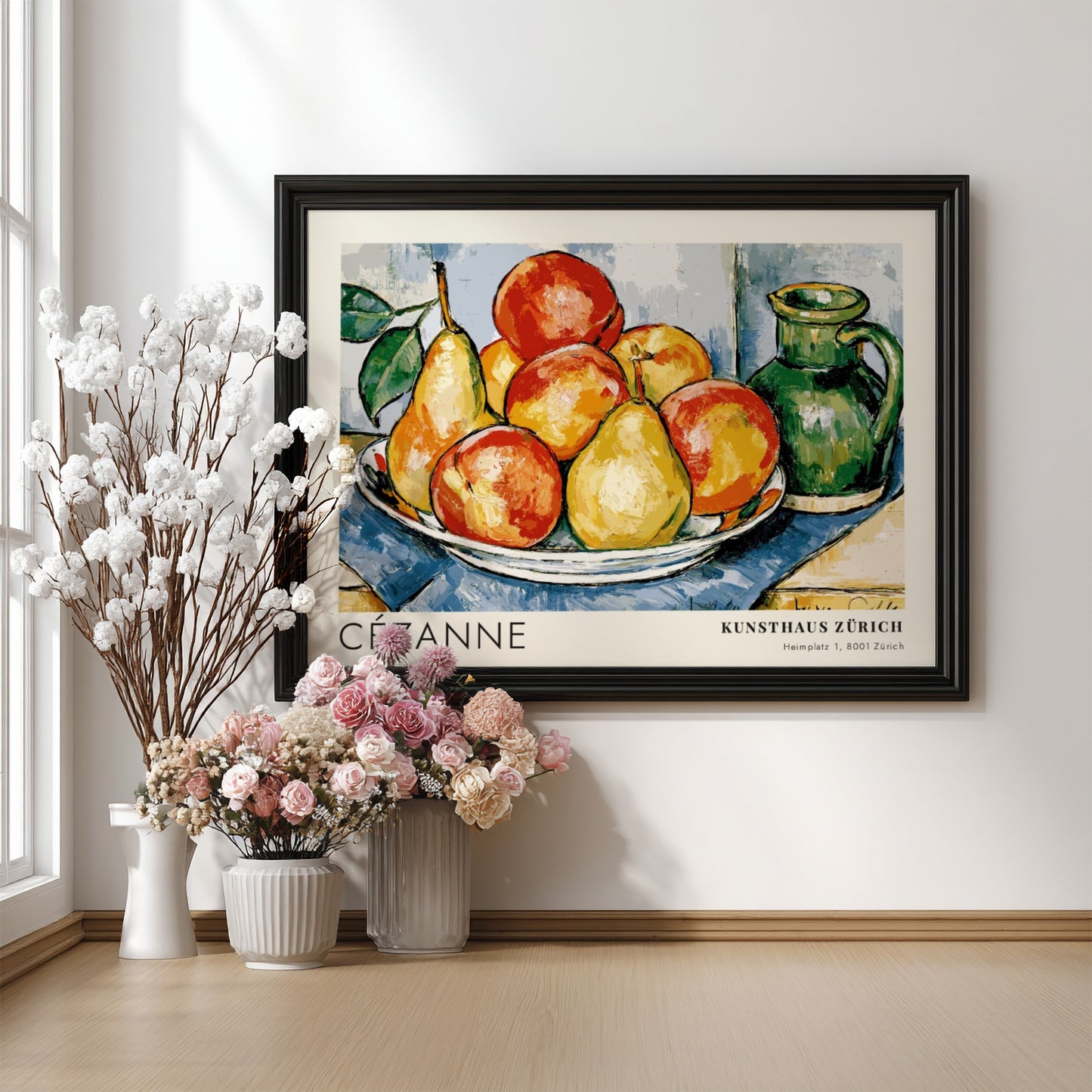 Wall art poster featuring Cézanne still life fruit arrangement with green pitcher and text.
