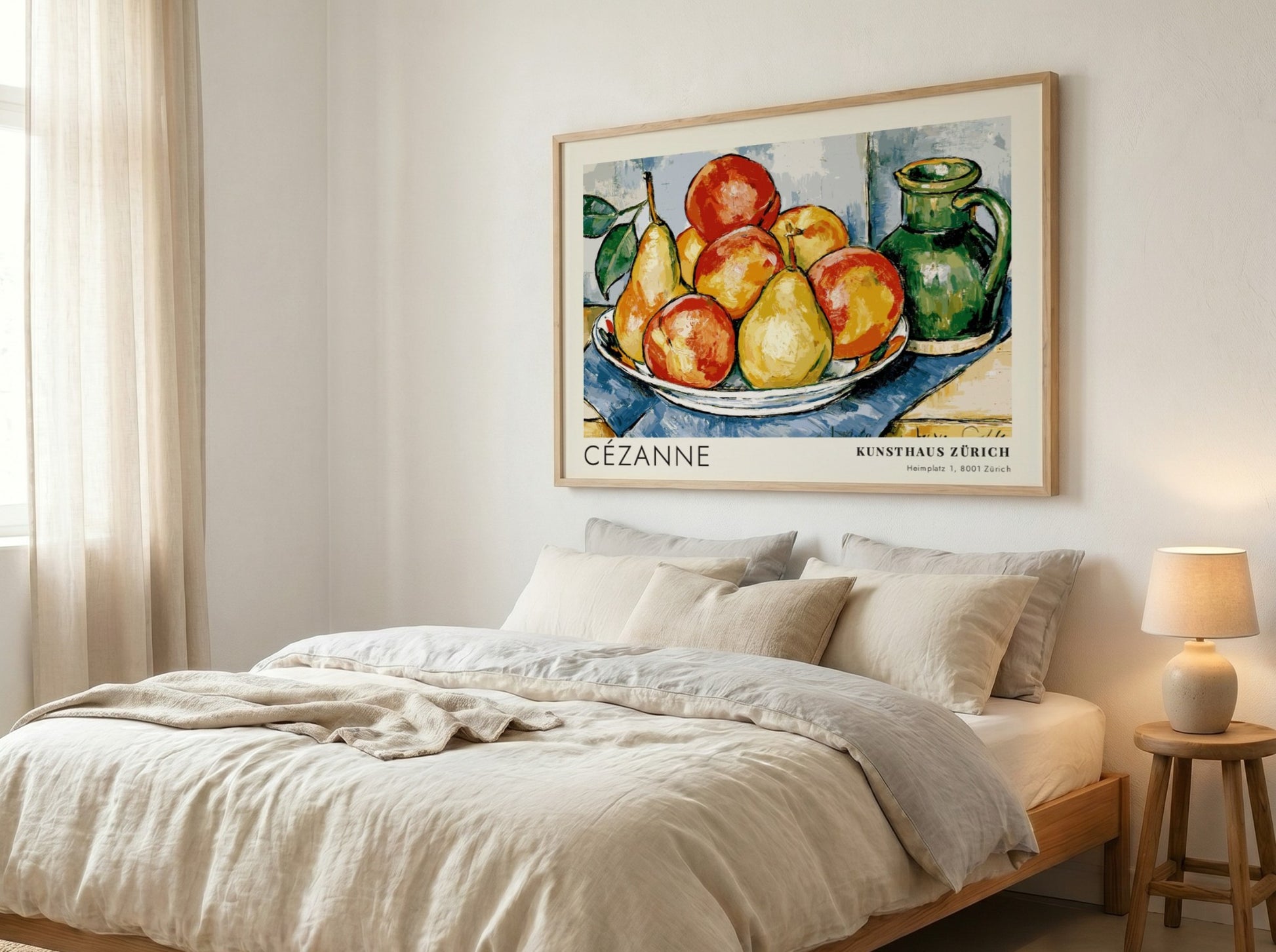 Wall art poster featuring Cézanne still life fruit arrangement with green pitcher and text.