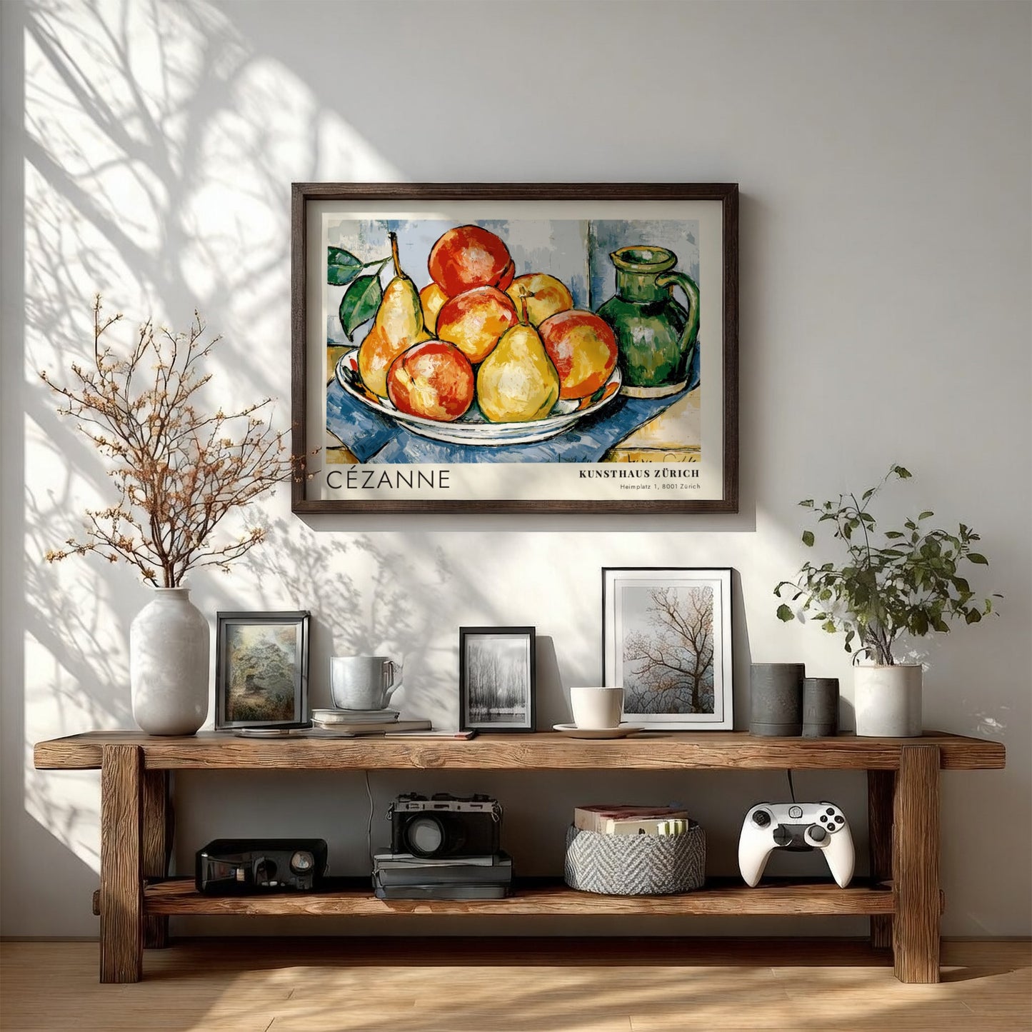 Wall art poster featuring Cézanne still life fruit arrangement with green pitcher and text.