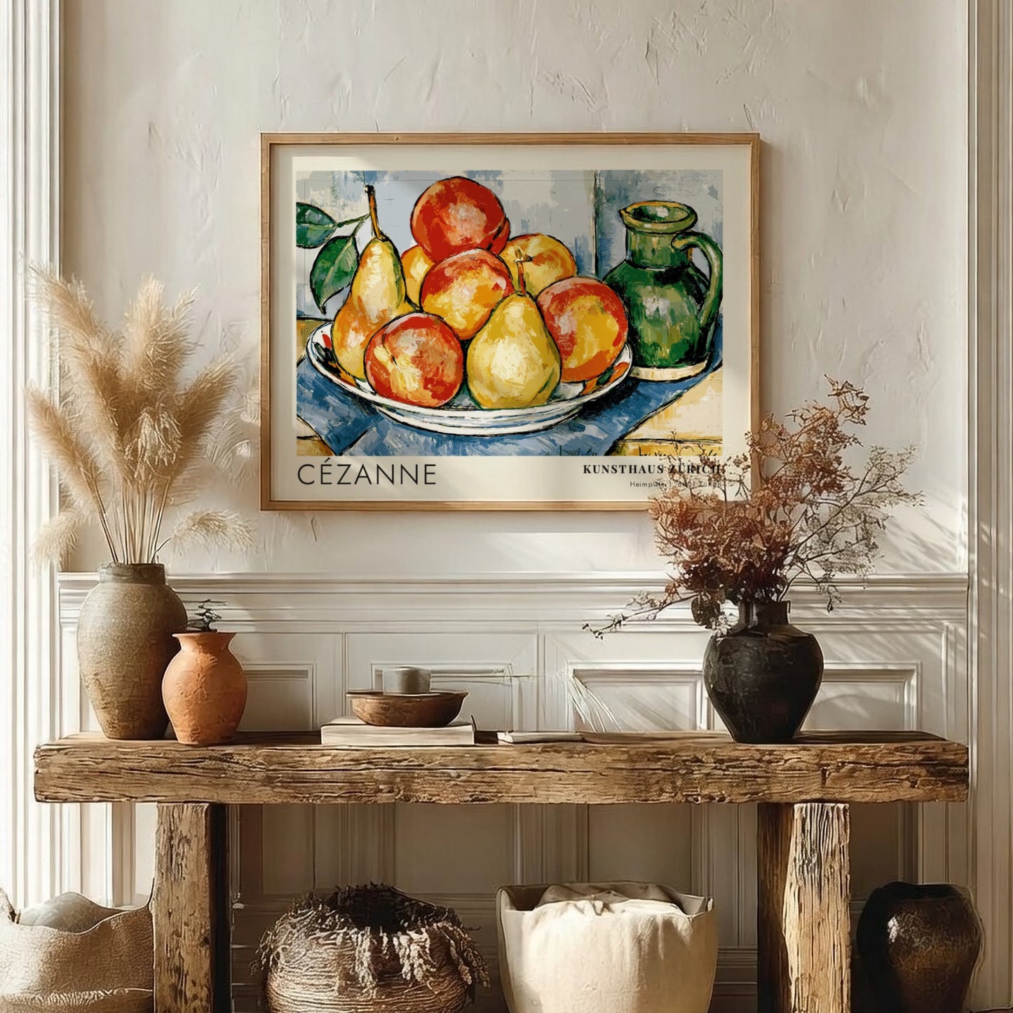 Wall art poster featuring Cézanne still life fruit arrangement with green pitcher and text.