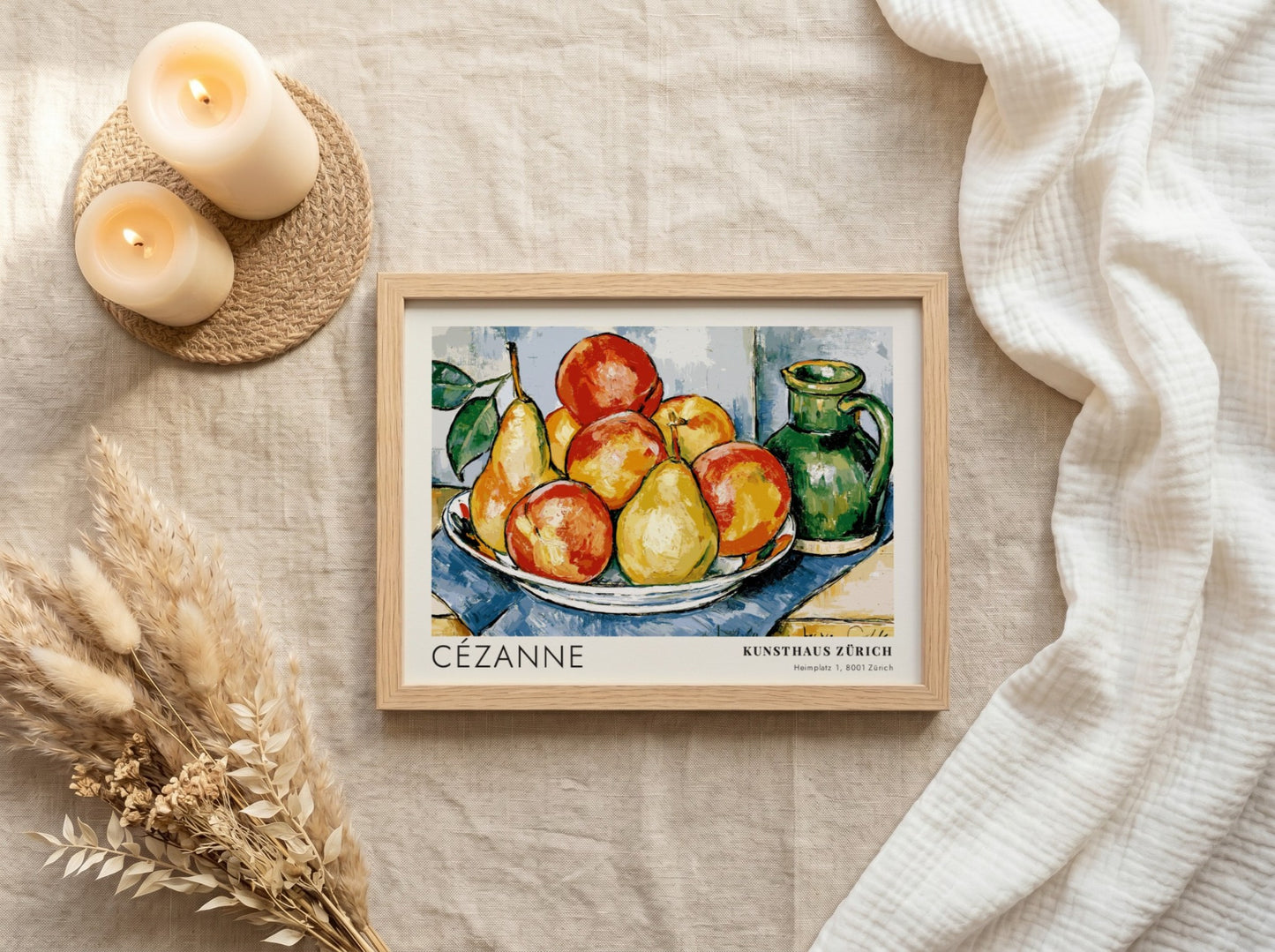 Wall art poster featuring Cézanne still life fruit arrangement with green pitcher and text.