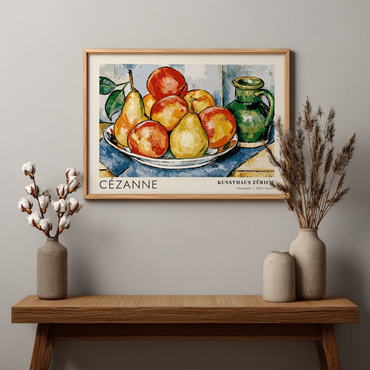 Wall art poster featuring Cézanne still life fruit arrangement with green pitcher and text.