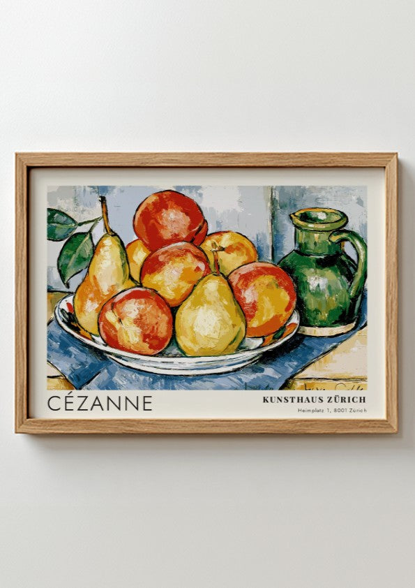 Wall art poster featuring Cézanne still life fruit arrangement with green pitcher and text.