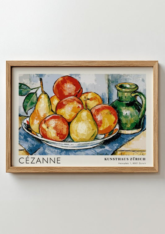 Wall art poster featuring Cézanne still life fruit arrangement with green pitcher and text.