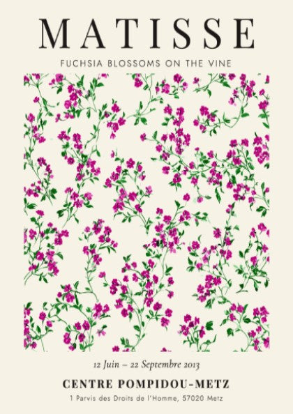 Fuchsia Blossoms poster by Henri Matisse featuring vibrant colors and floral design, perfect for home decor.