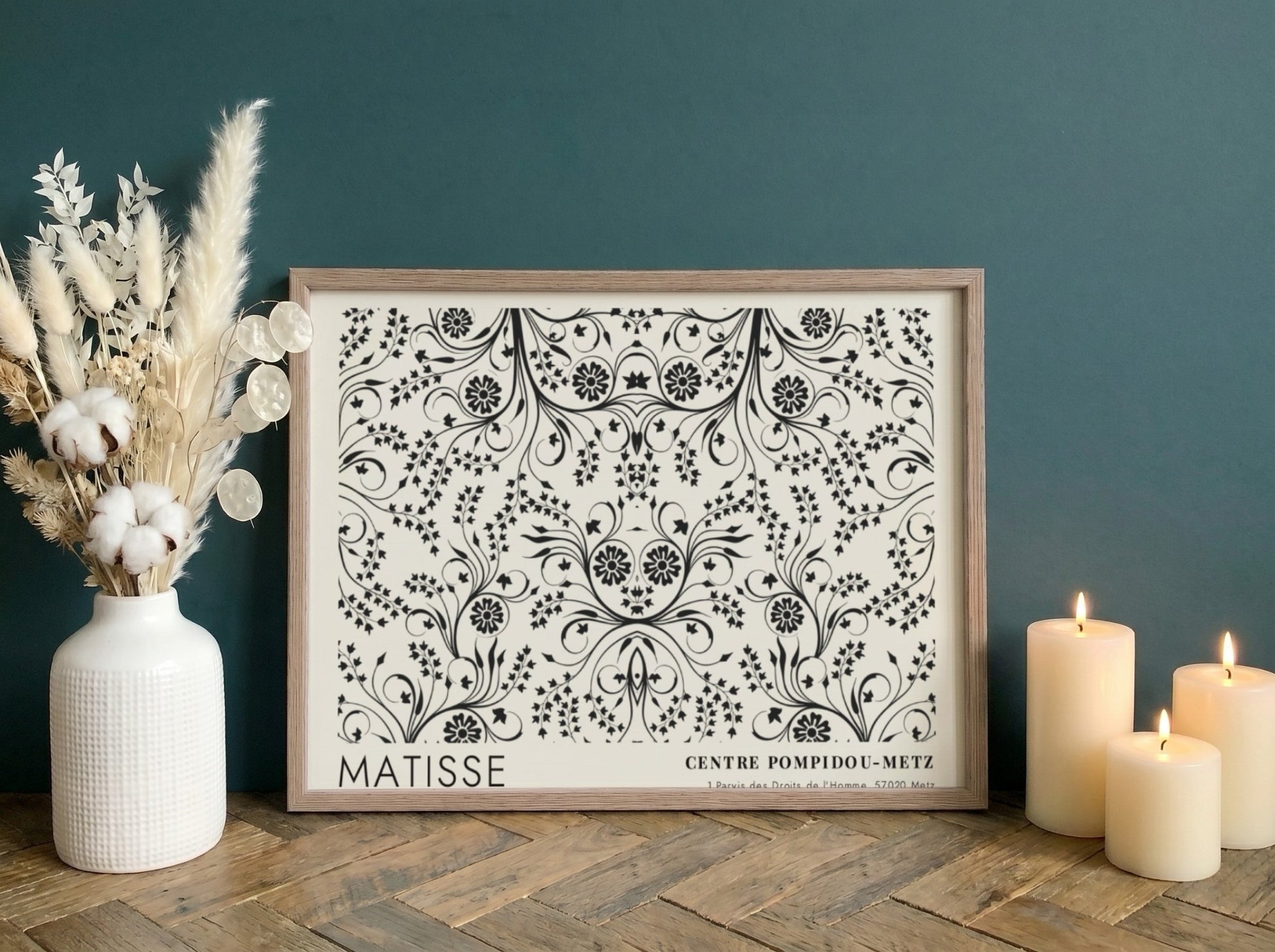 Henri Matisse poster featuring fuchsia blossoms and vines in black and white design