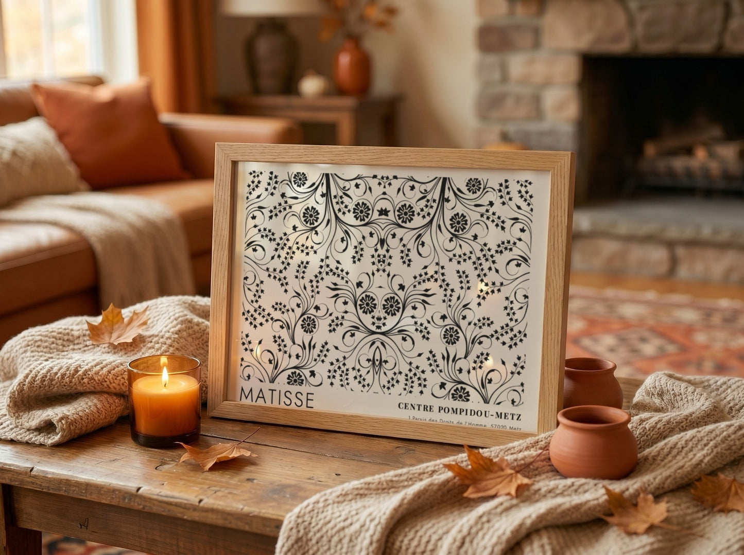 Henri Matisse poster featuring fuchsia blossoms and vines in black and white design