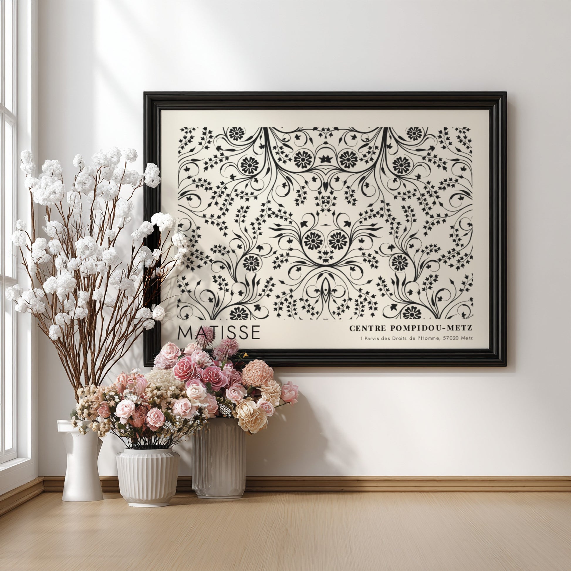 Fuchsia Blossoms on the Vine poster featuring intricate floral patterns in black and white, elegant wall art