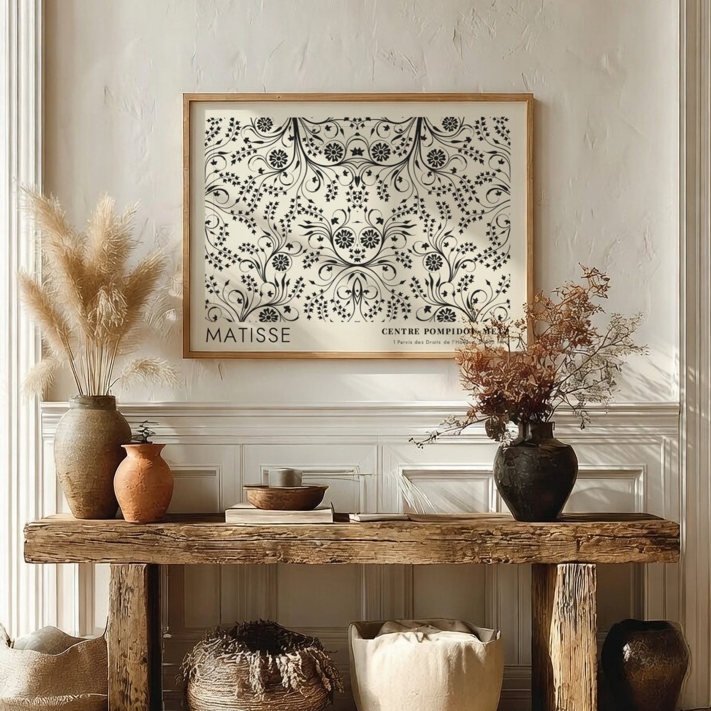 Henri Matisse poster featuring fuchsia blossoms and vines in black and white design